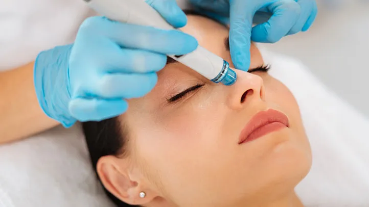 Patient getting hydrofacial treatment on nose at Elysian Medspa & Rejuvenation Center.